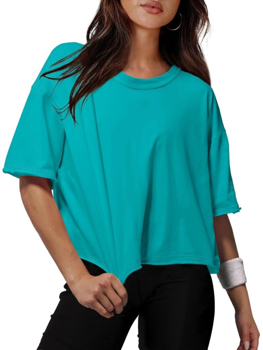 Women's Turquoise Crew Neck Casual Crop Tops Short Sleeve Basic Tees Shirts